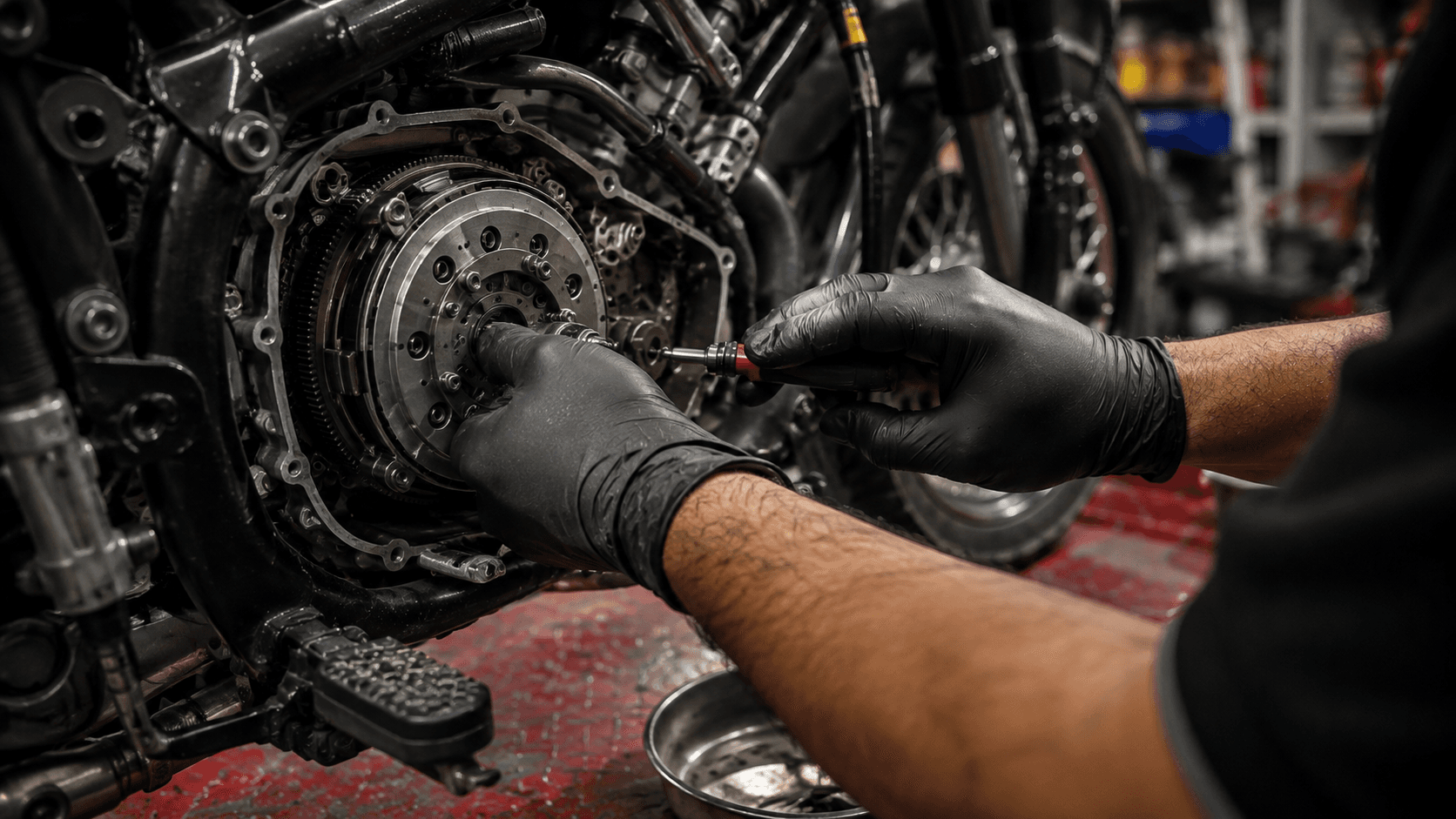 Detalle de cerca de una reparación mecánica de moto